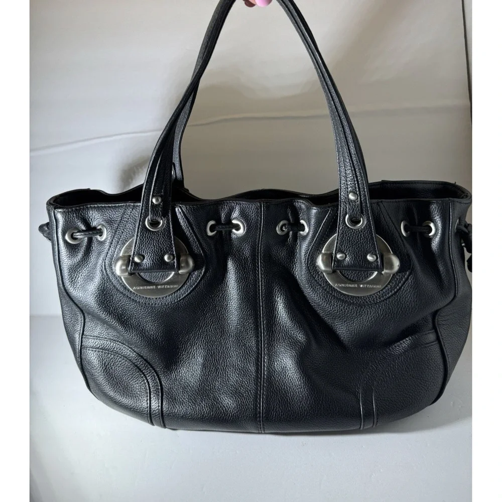 Adrienne Vittadini Black Genuine Leather Shoulder Bag Satchel Tote Silver Y2K